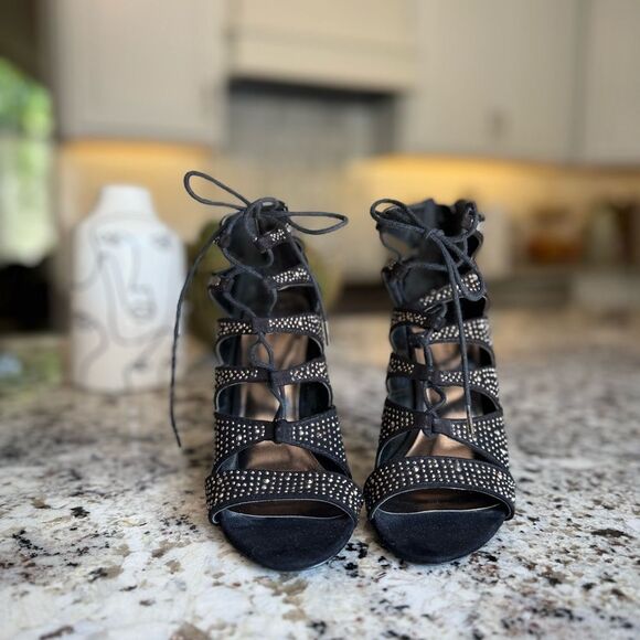 Steve Madden Black Studded Lace-Up Heels - Picture 2 of 5